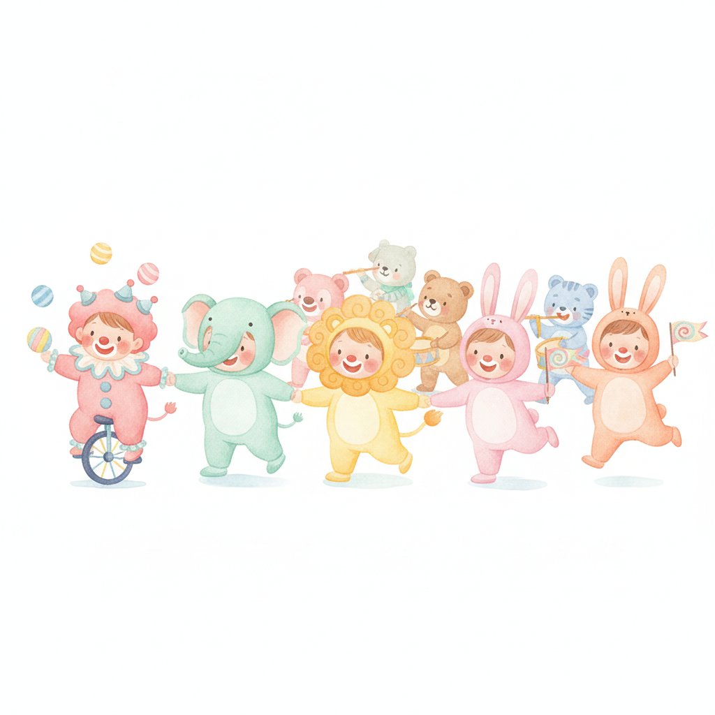 children dressed as friendly clowns and animals parading happily