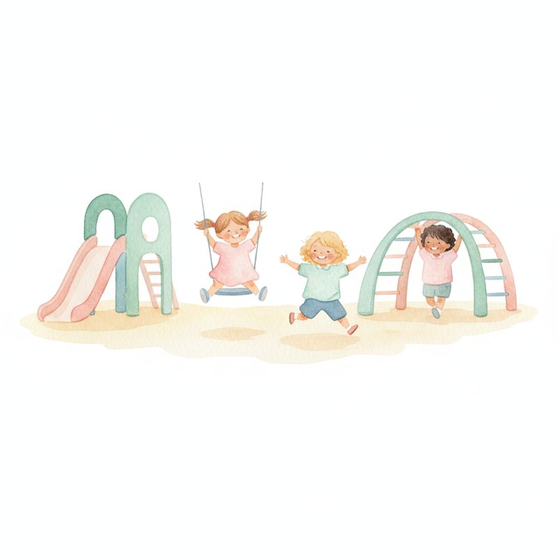 Watercolor illustration of cheerful preschoolers running and jumping on a sunny playground