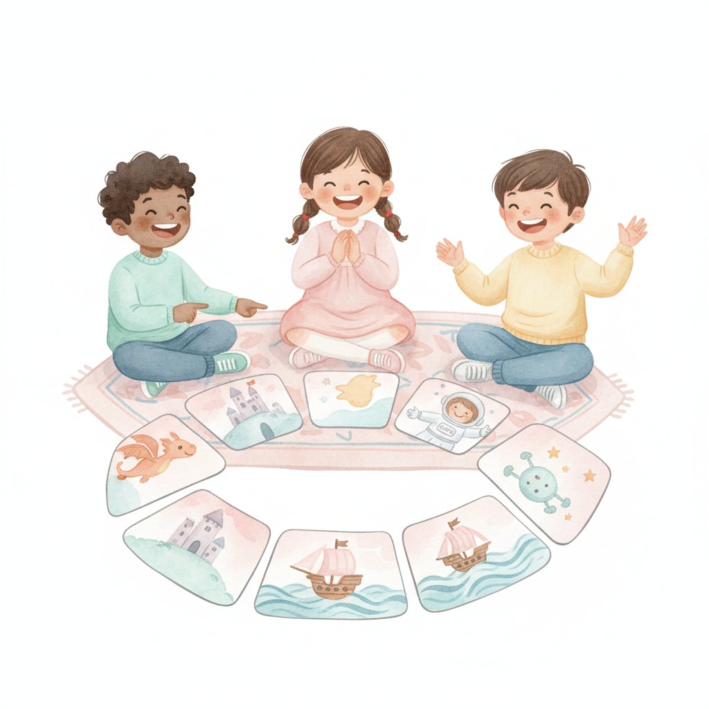Children building an imaginative story together by laying out picture cards in a row, soft watercolor