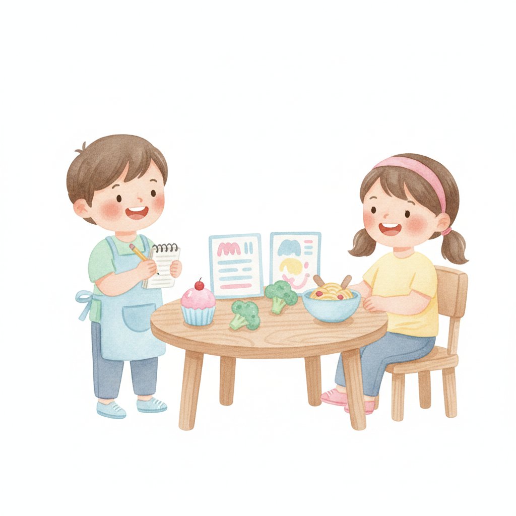 Children playing pretend restaurant with a waiter taking orders and customers at a table