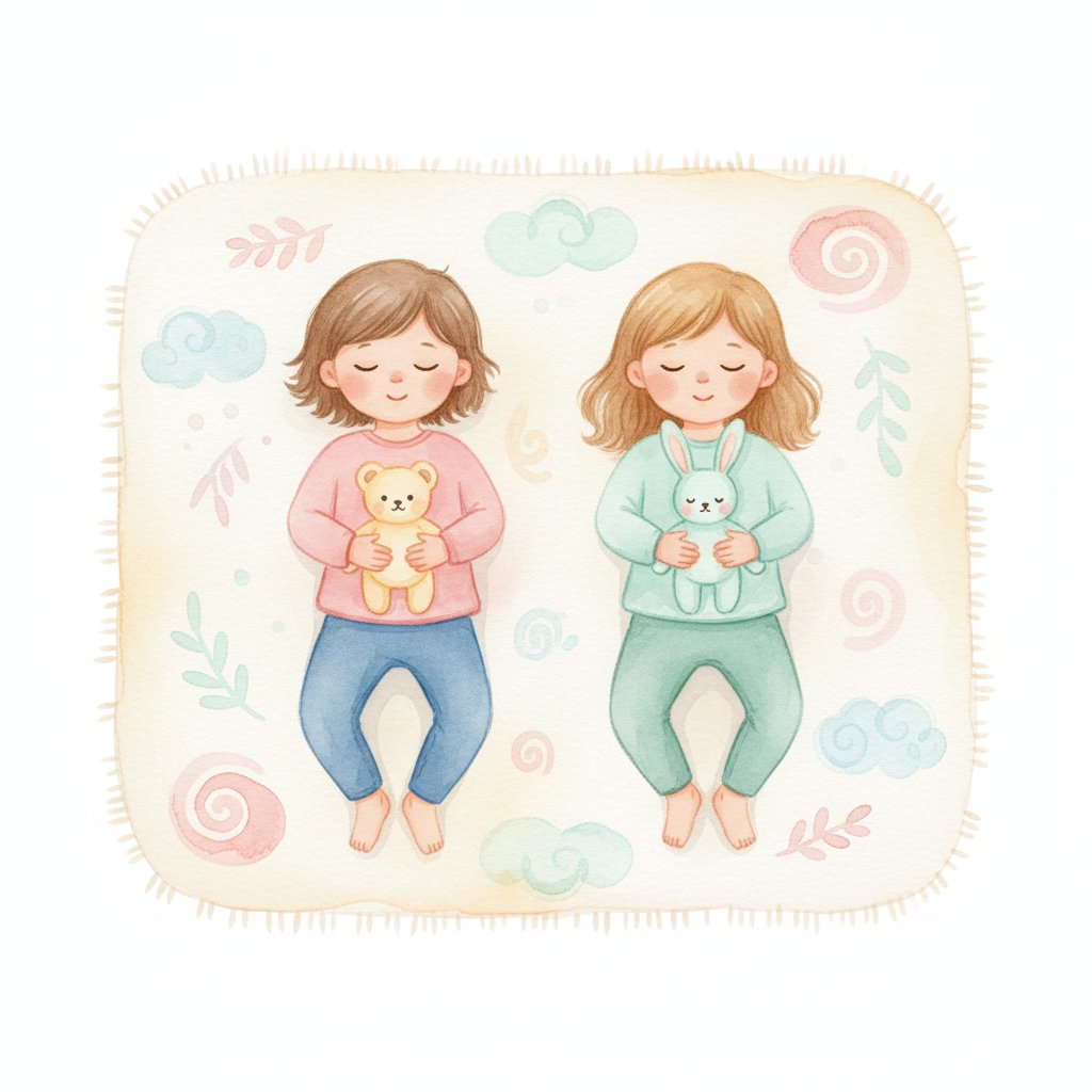 Two calm young children lying on their backs with small stuffed animals on their bellies, breathing slowly, soft watercolor