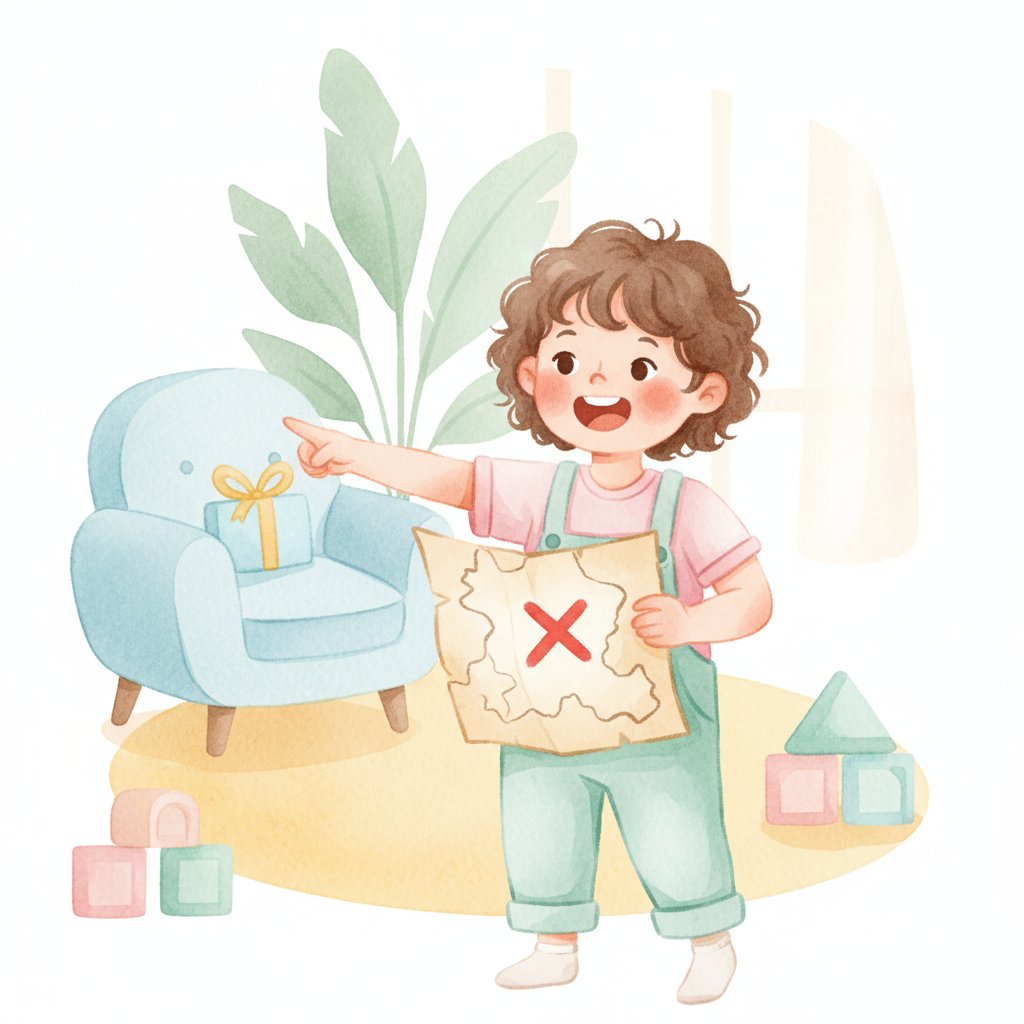 A child following a treasure map and pointing to find a hidden surprise