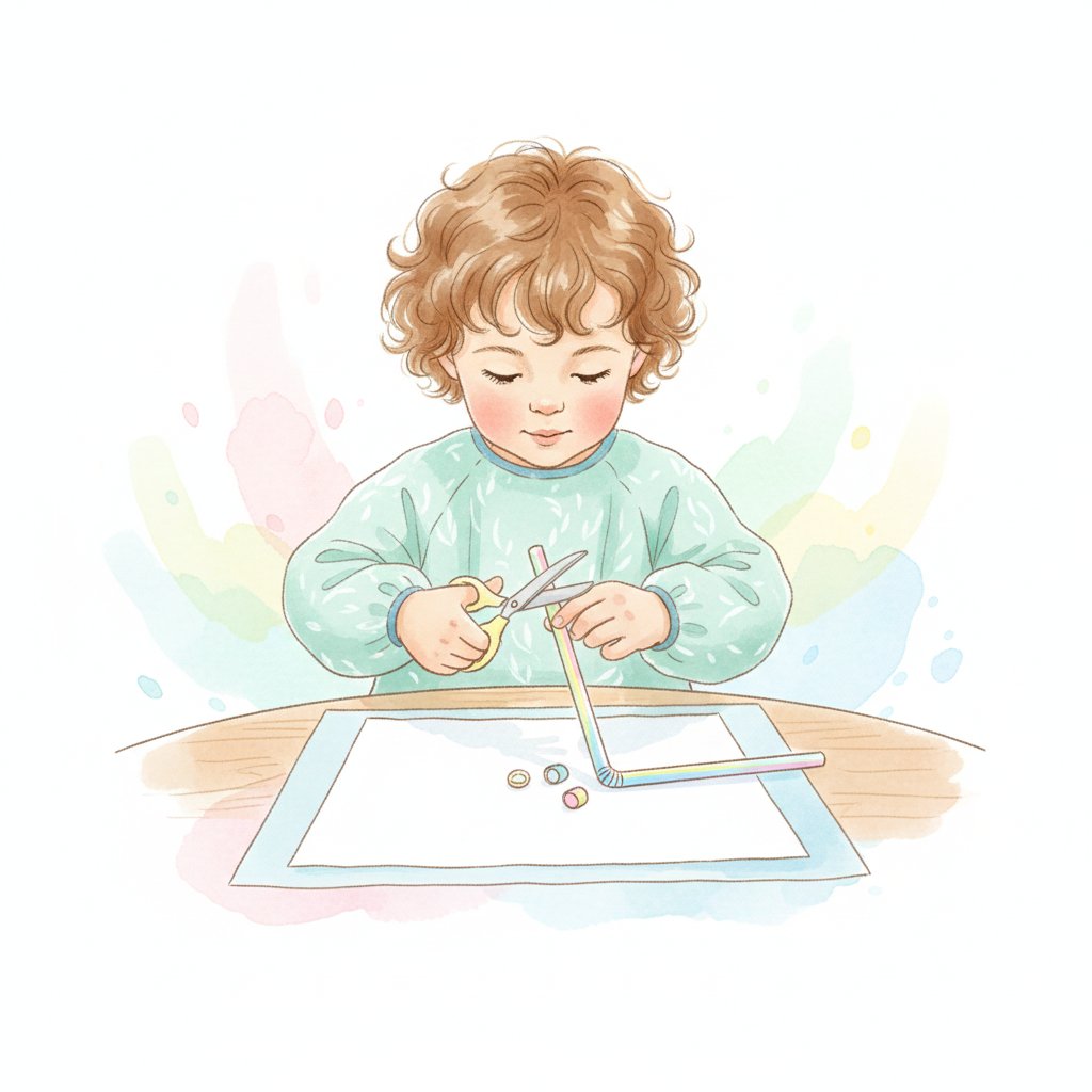 A young child snipping a colorful drinking straw into pieces with safety scissors for cutting practice