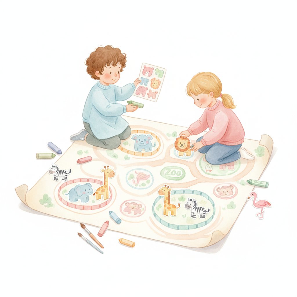 Children drawing a big zoo map with animal stickers