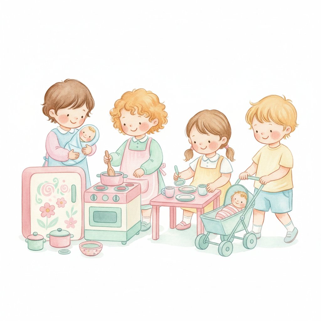 Children playing house caring for baby dolls and cooking in a pretend kitchen