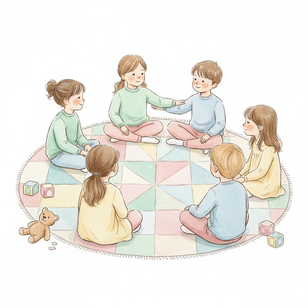 Children gathering calmly on a circle-time rug after play
