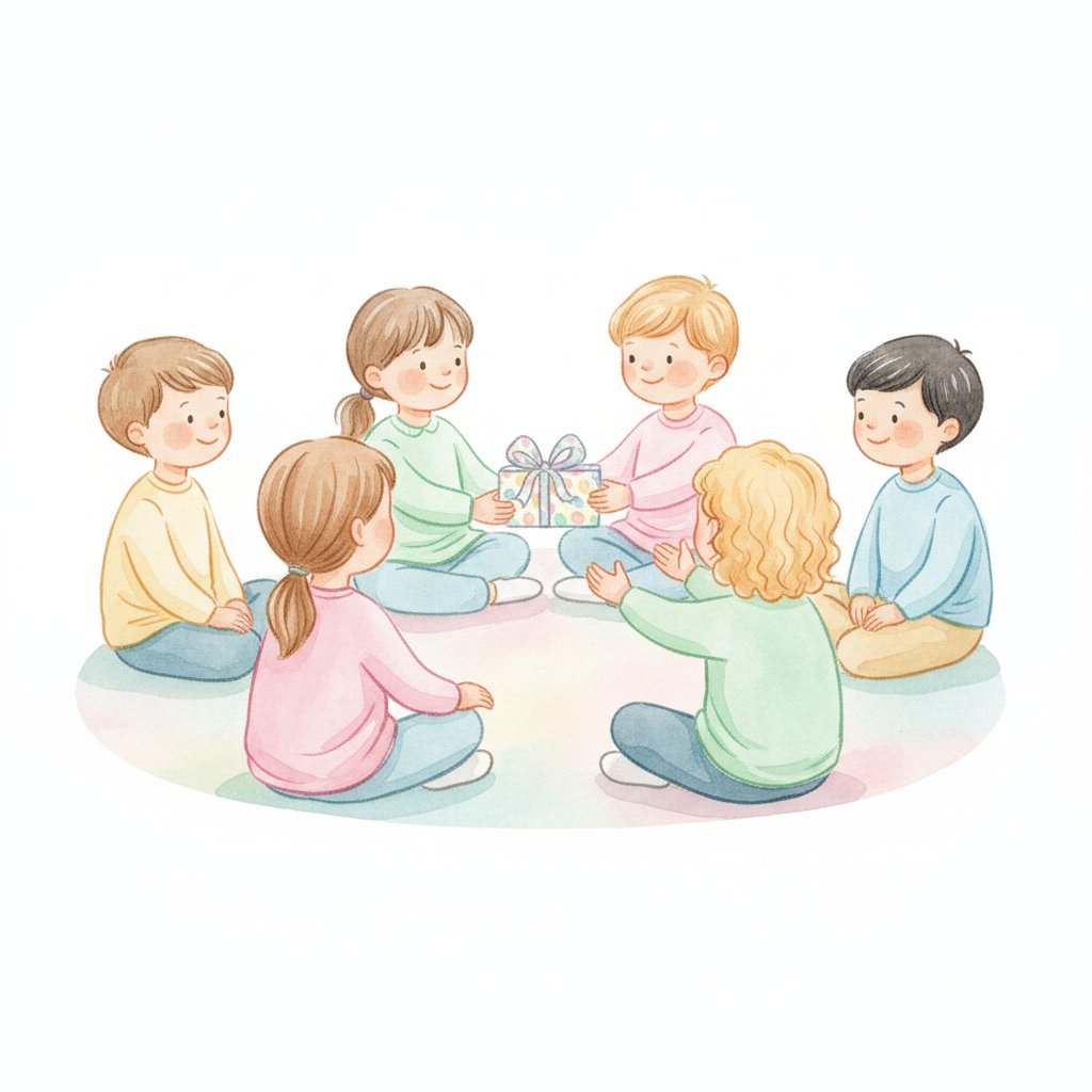 Watercolor illustration of preschoolers sitting in a circle playing pass-the-parcel and taking turns
