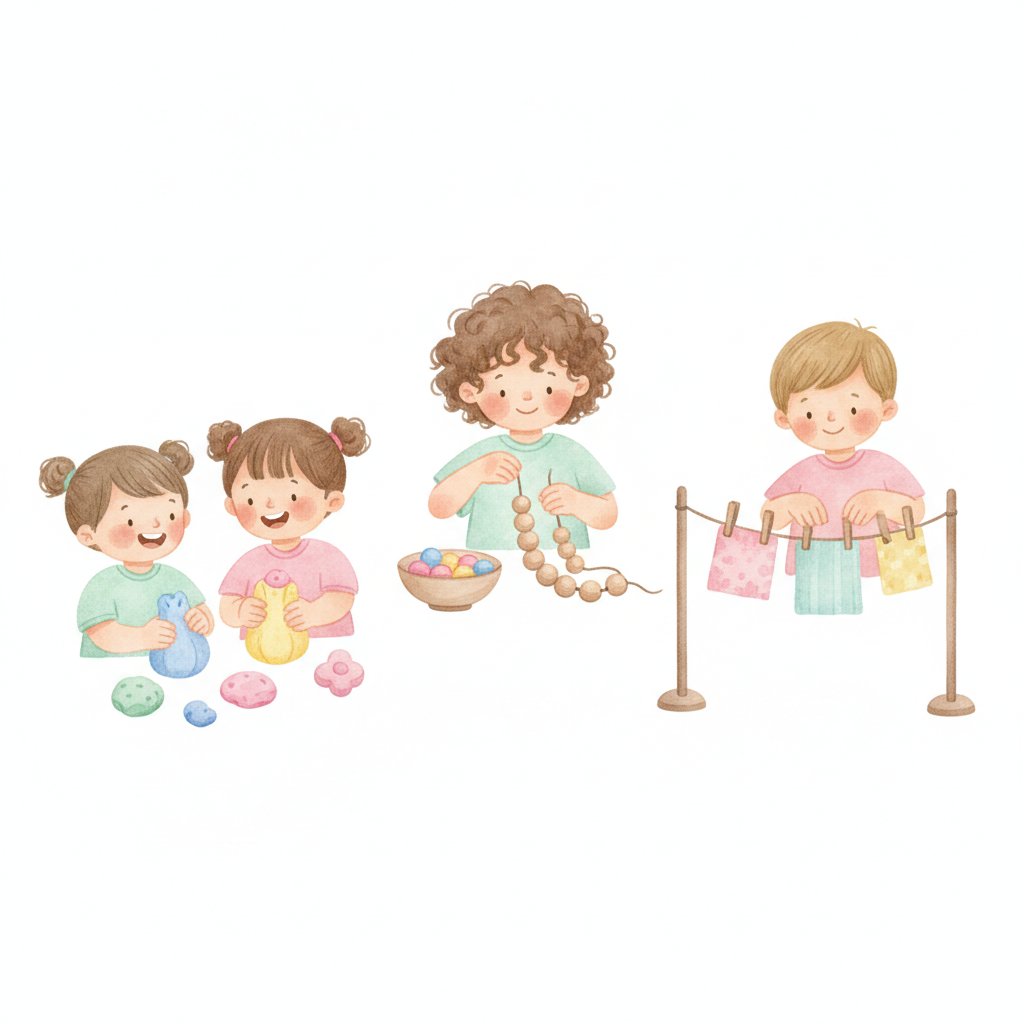 Children building hand strength through bead, play dough and clothespin play, soft watercolor