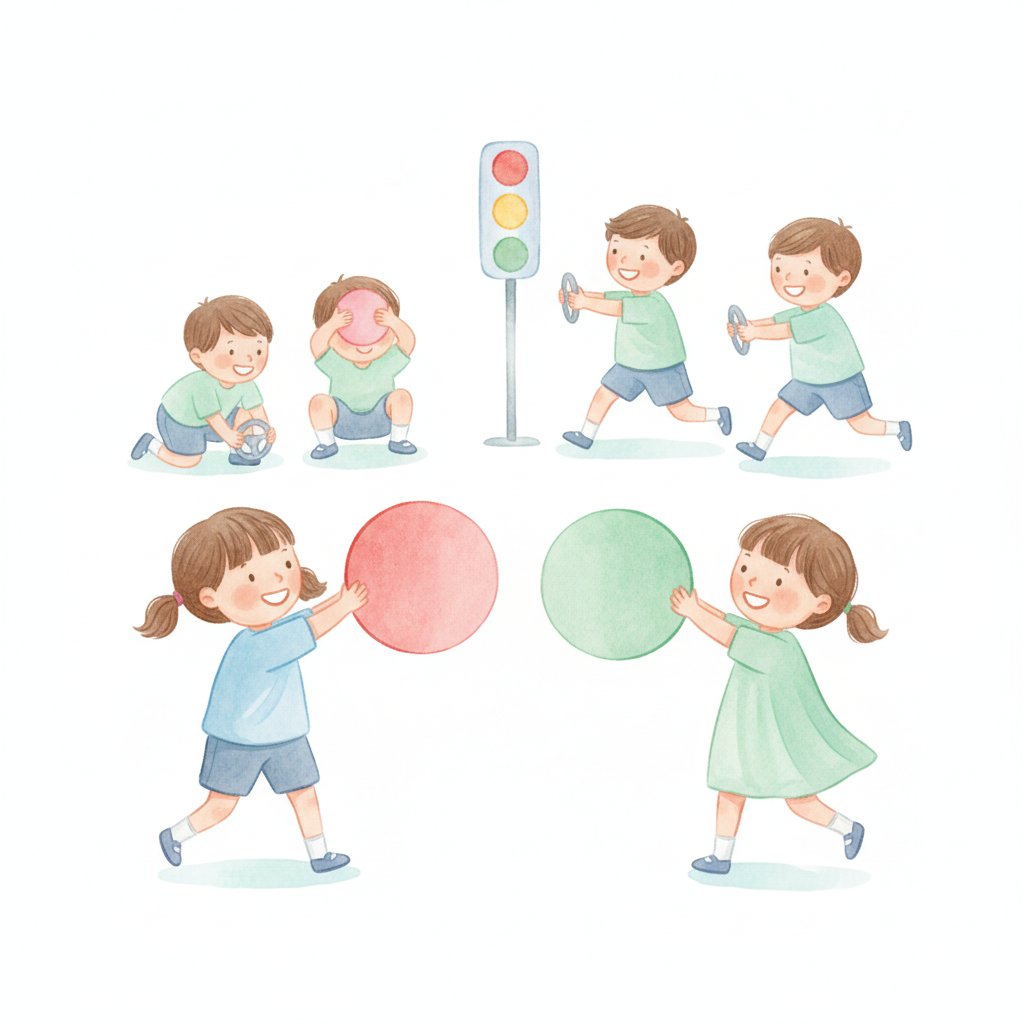 Watercolor of children playing a traffic light movement game