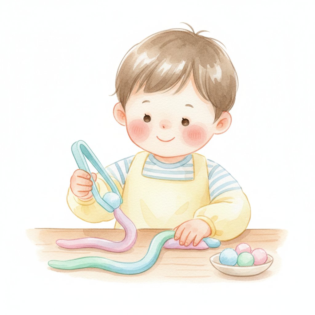 Watercolor illustration of a child rolling playdough snakes and using tweezers to strengthen hands