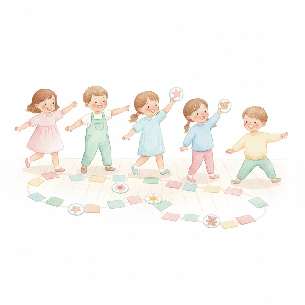 Children following a trail of colored squares and picture clues on a treasure hunt