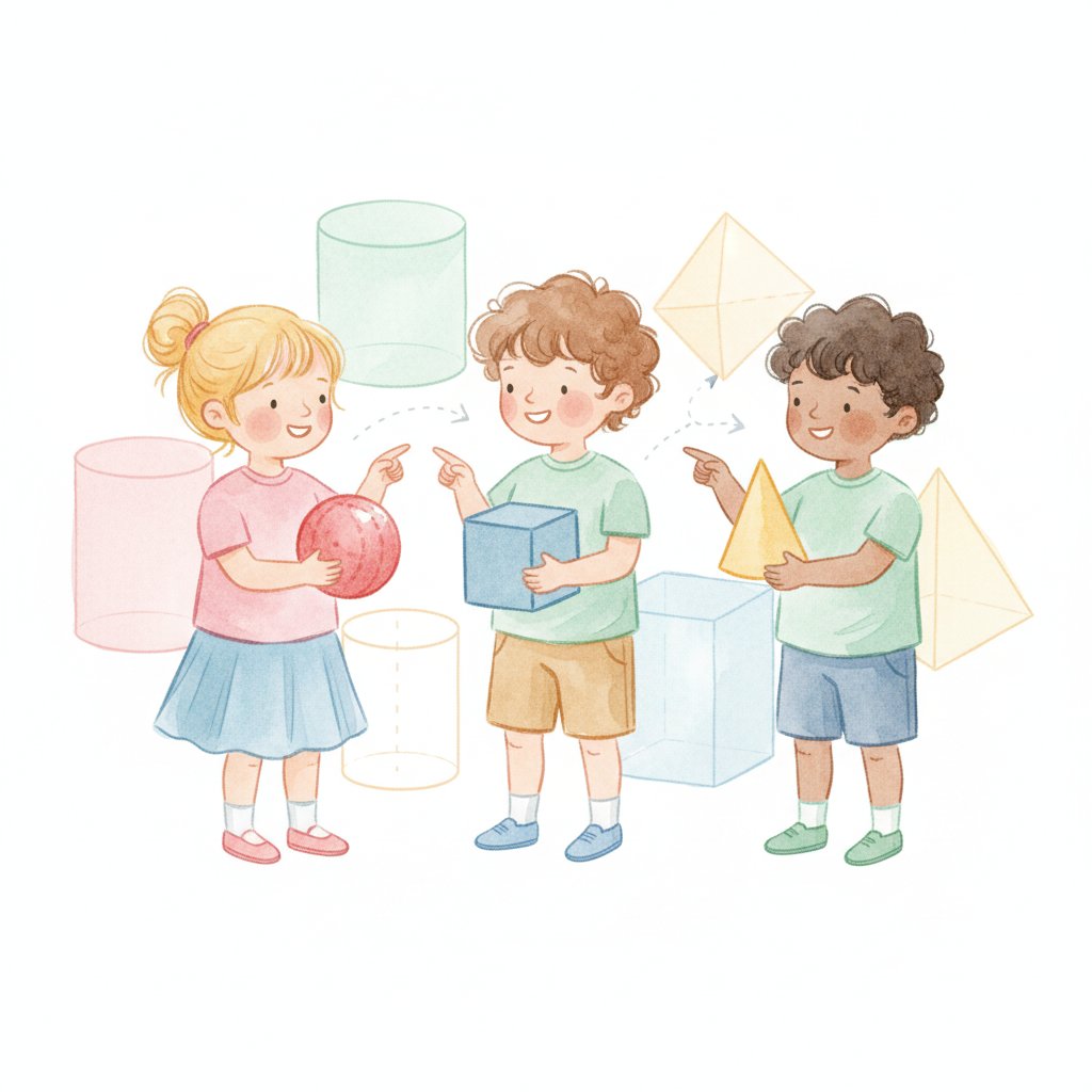 Watercolor of children exploring 3D shapes ball box and cone