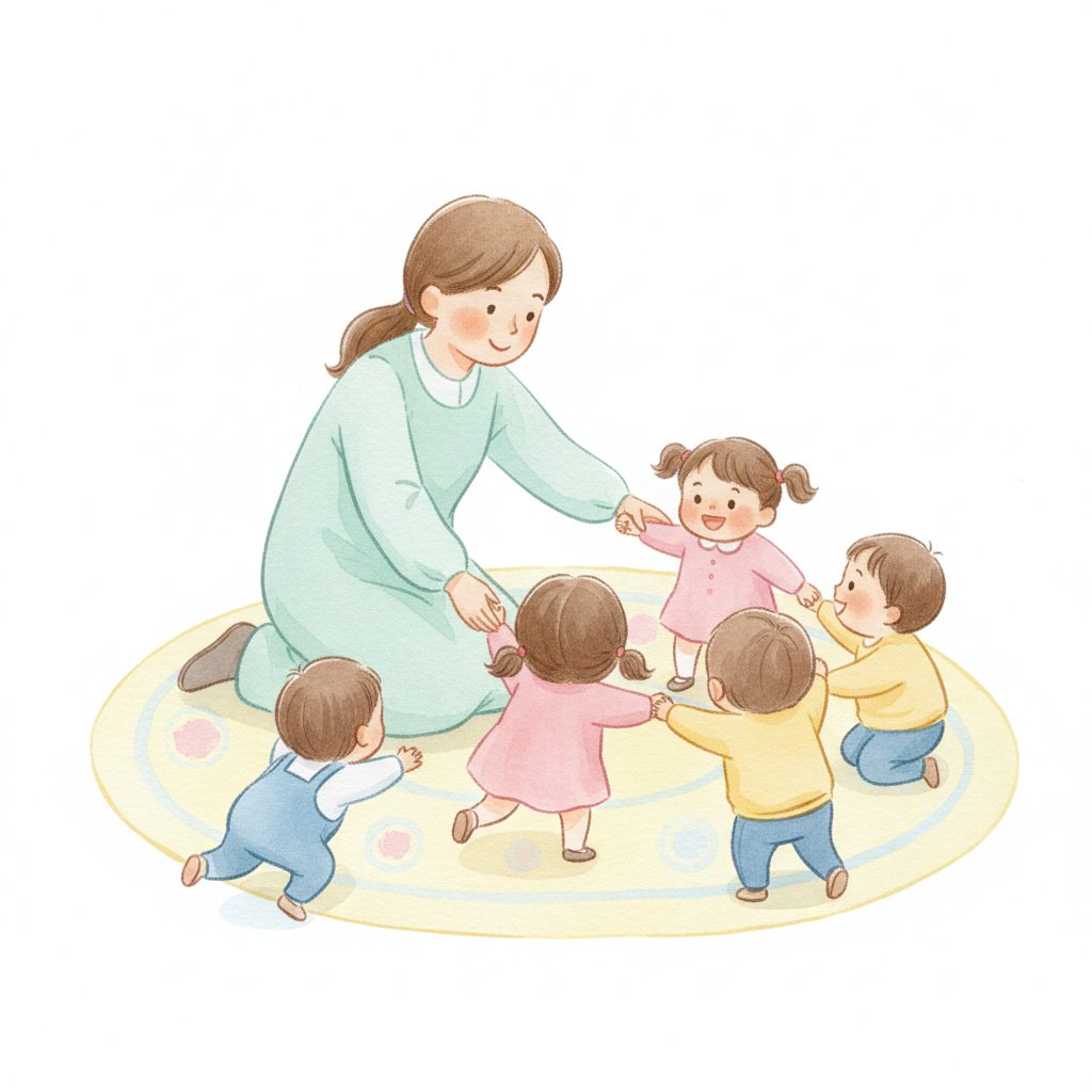 a teacher gently gathering wiggly preschoolers into a friendly circle on the rug