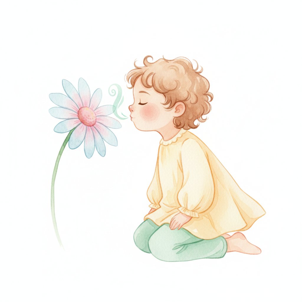 Watercolor illustration of a child smelling a flower and taking a slow calming breath