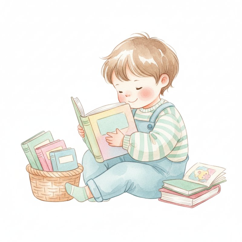Watercolor illustration of a child happily reading a picture book from a basket of books
