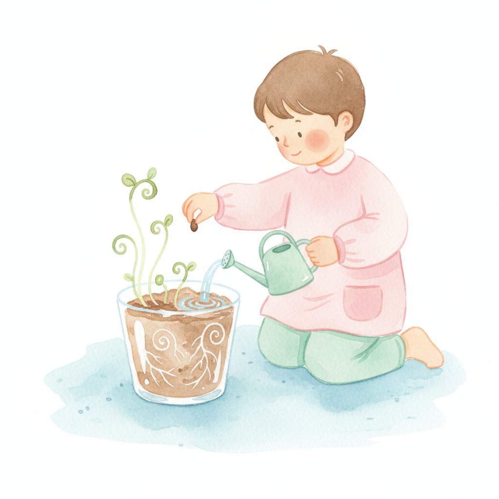 Watercolor illustration of a child planting a seed in a clear cup and watering a sprouting plant
