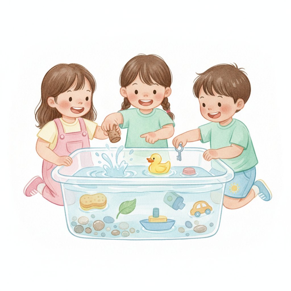 Children predicting and testing whether objects sink or float in a water bin