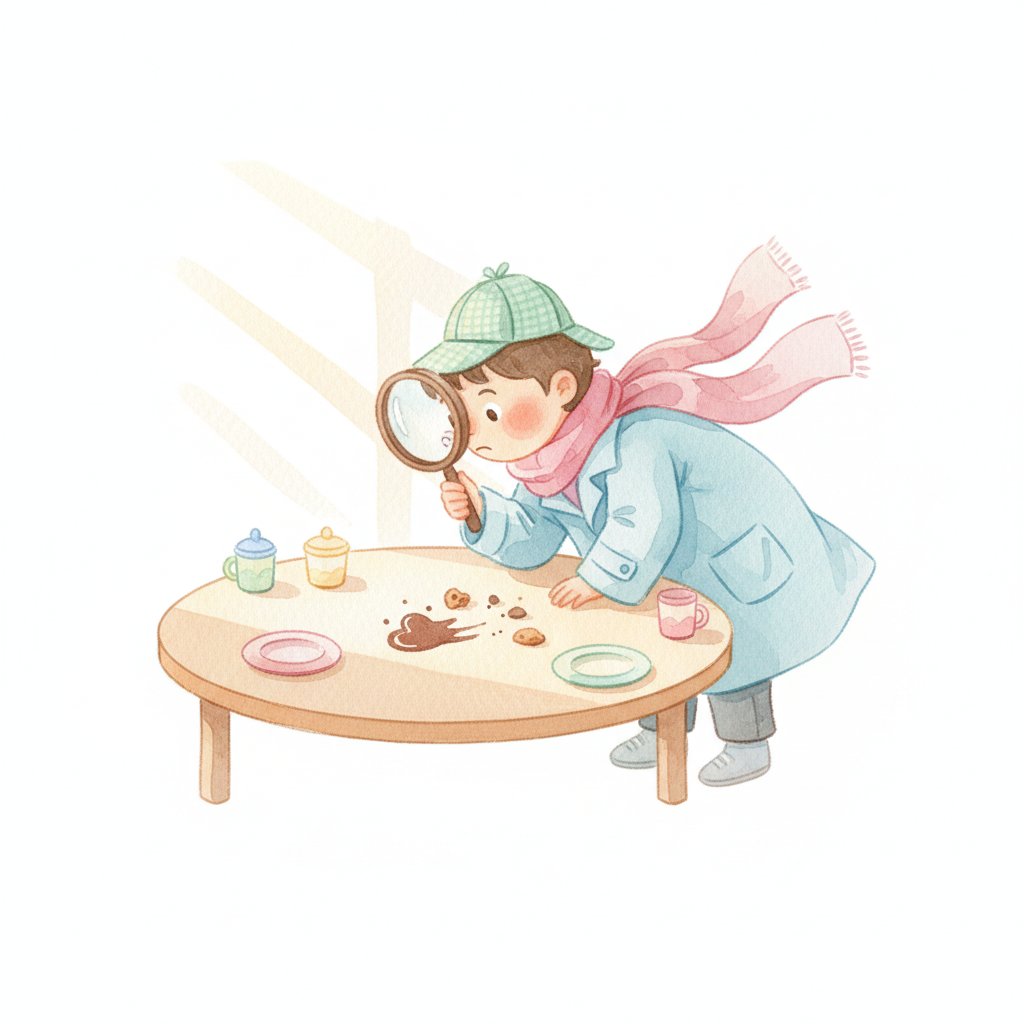 Child detective examining cookie crumbs and a clue trail with a magnifying glass