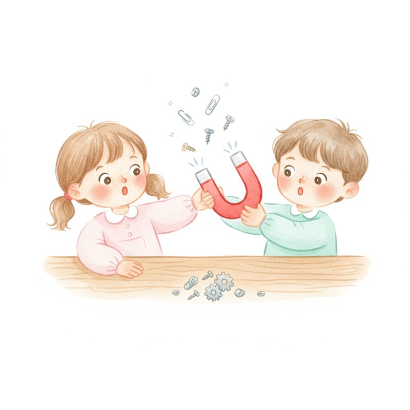 Cheerful preschoolers exploring magnets with paperclips jumping to a horseshoe magnet