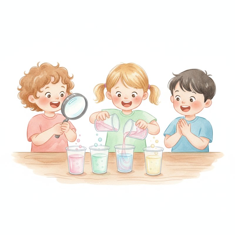 Watercolor illustration of cheerful young children doing simple science experiments at a table with cups of colorful liquid and a magnifying glass