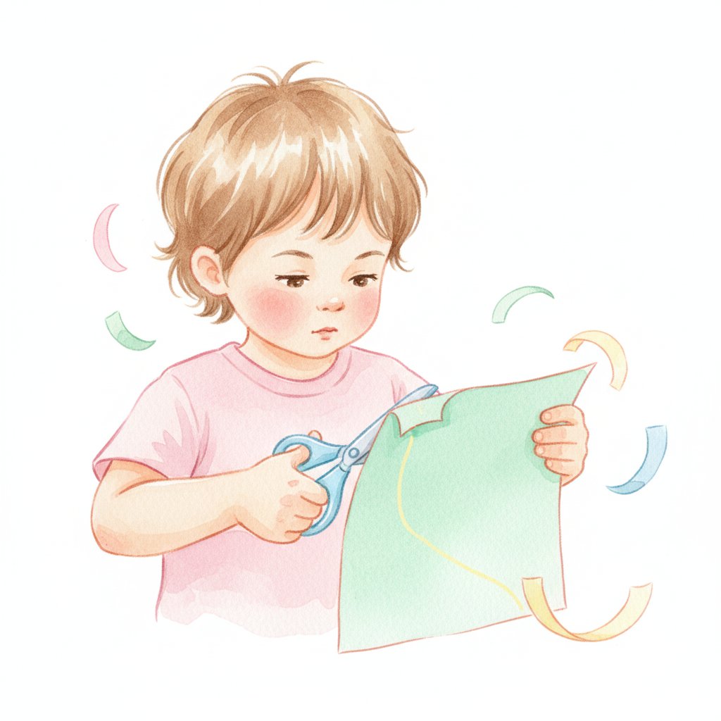A focused young child carefully cutting paper with safety scissors, one hand holding and one hand cutting
