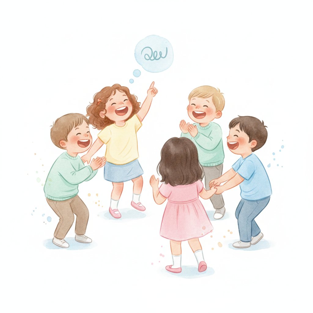 Cheerful young children giggling and making up silly rhymes together