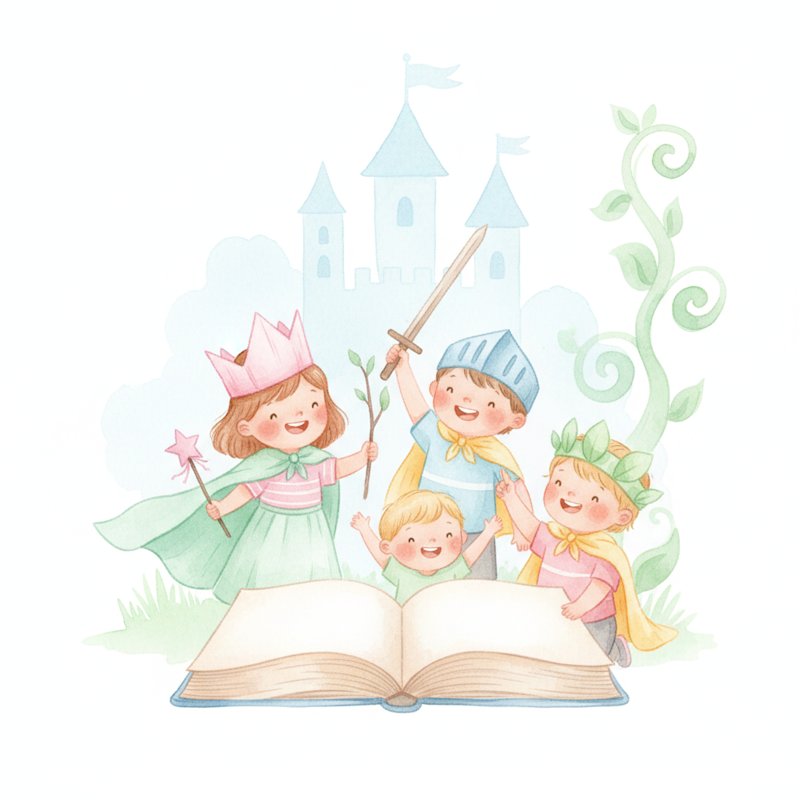 Children acting out fairy tales with paper crowns and capes around an open storybook
