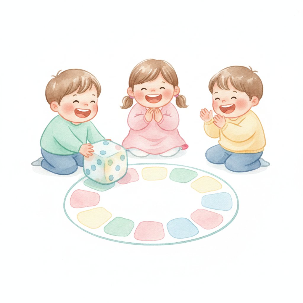 preschoolers rolling a big soft dice and giggling around a simple board game