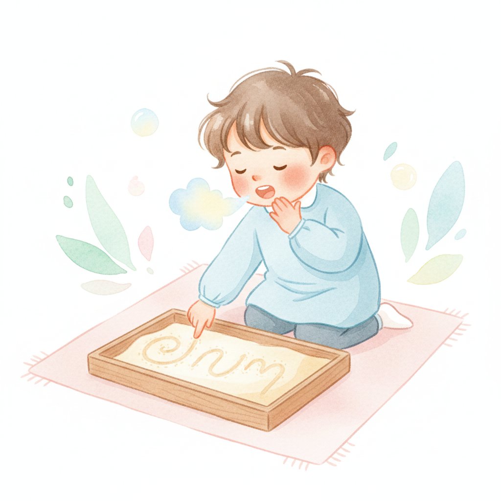 Child tracing a word in a sand tray with a finger