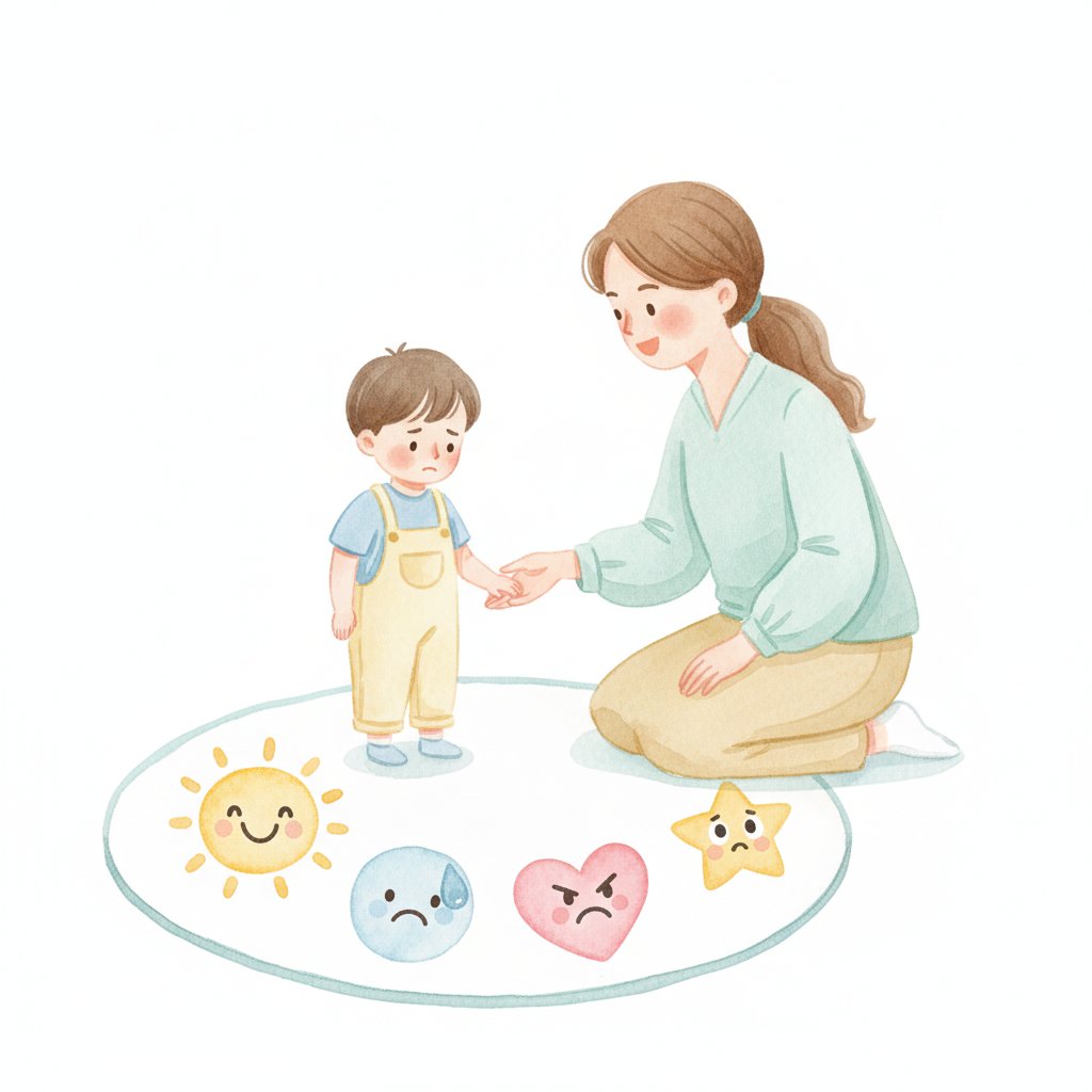 Teacher gently encouraging a hesitant child to join an emotion activity
