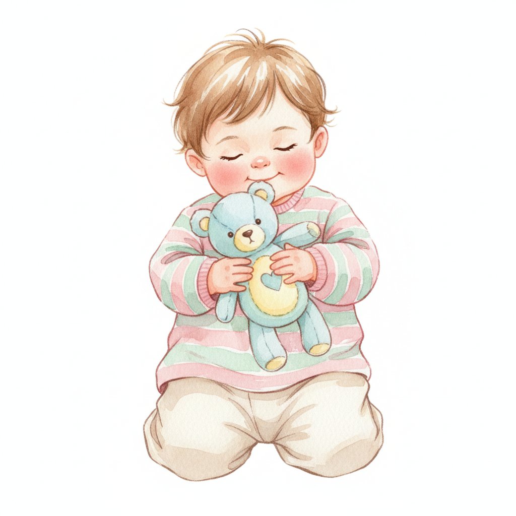 Watercolor illustration of a toddler hugging a soft teddy bear comfort toy