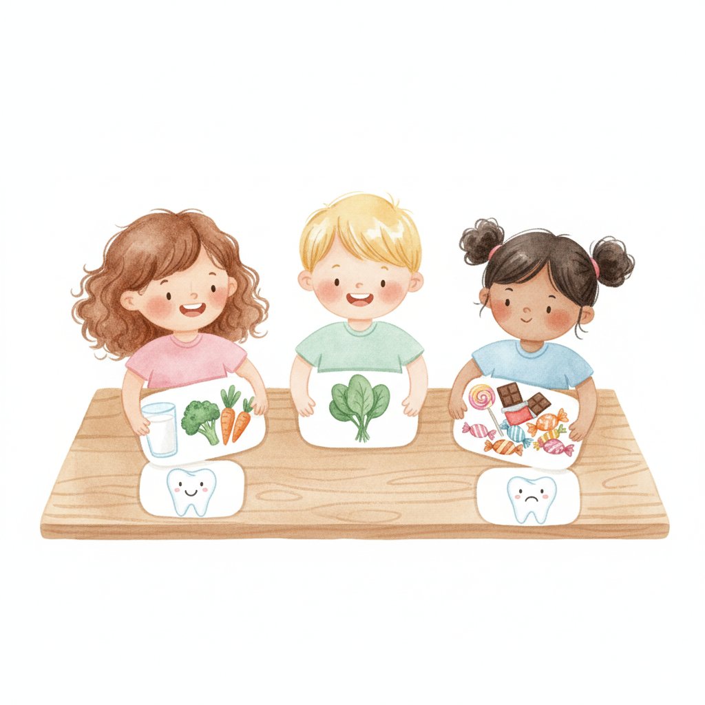 Watercolor illustration of preschoolers sorting food cards into tooth-friendly and tooth-tricky groups