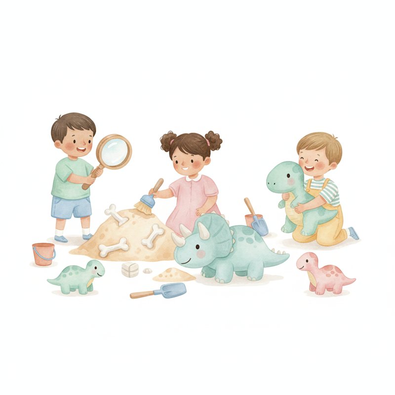 Children playing with toy dinosaurs and doing a pretend fossil dig