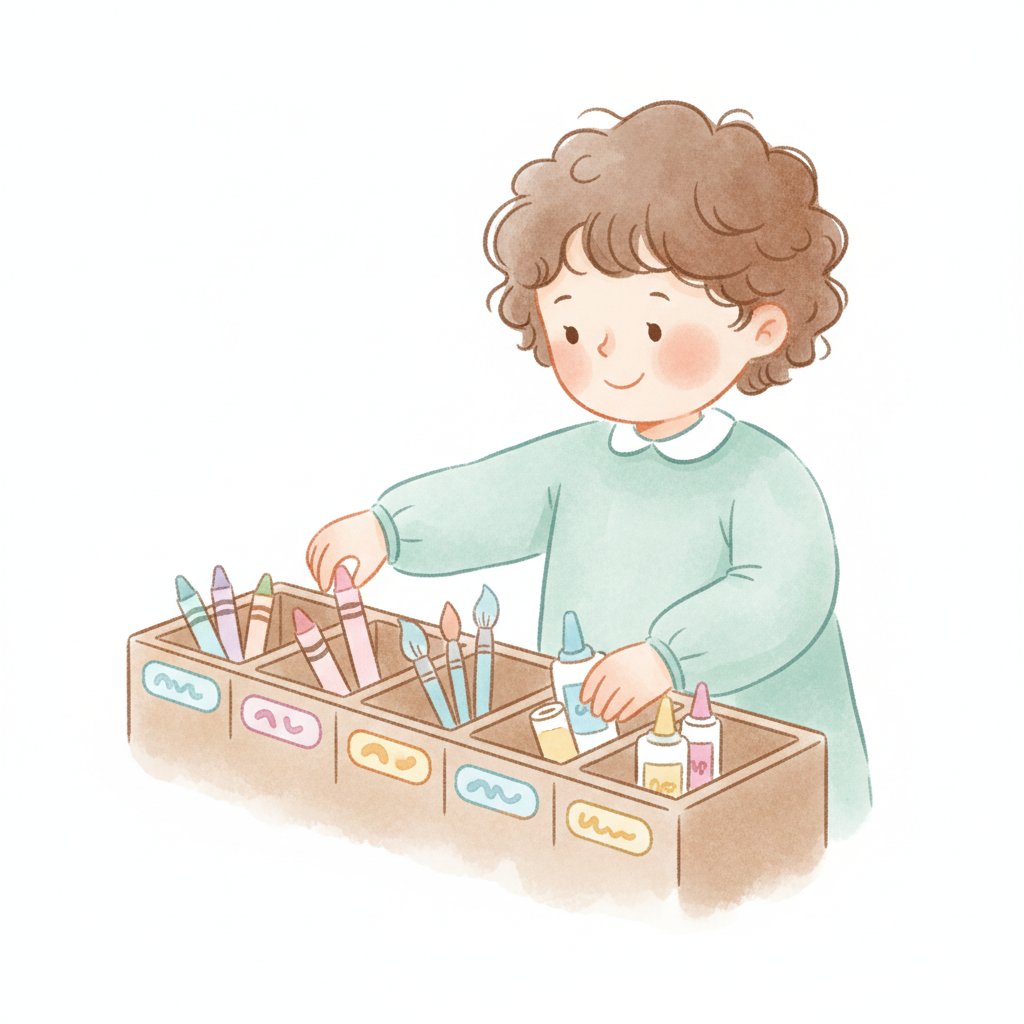 a young child placing supplies into neatly labeled desk compartments