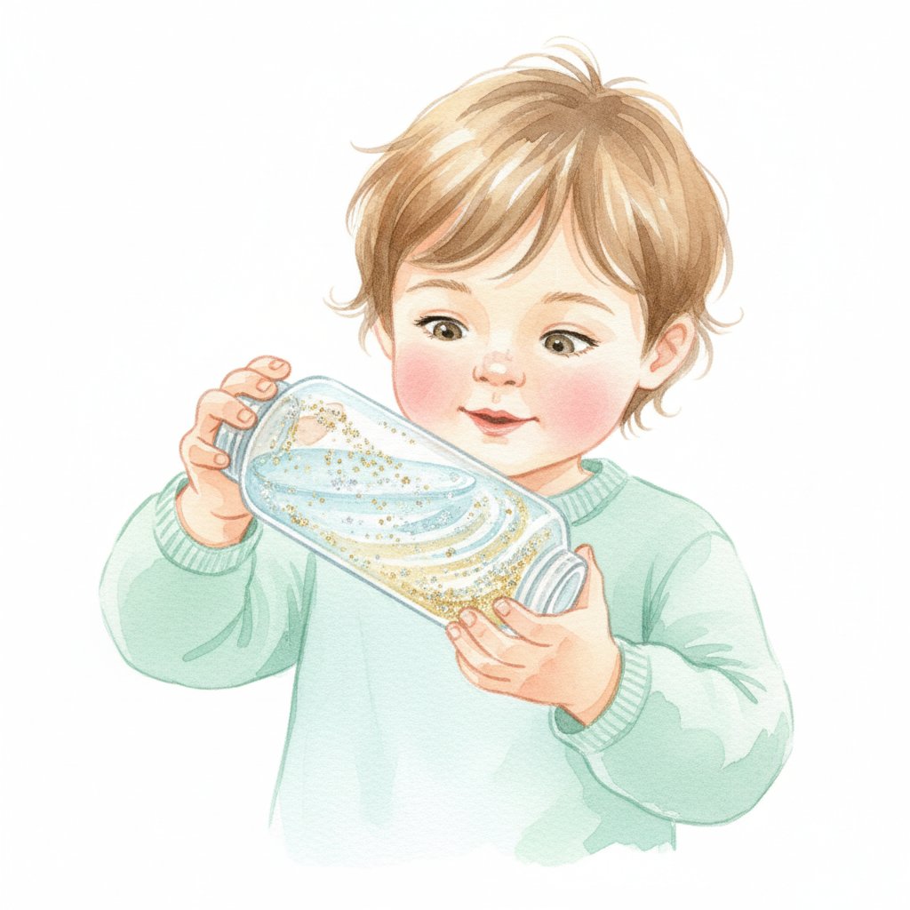 A child shaking a clear glittery discovery bottle and watching it swirl