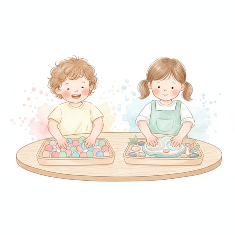 Watercolor of children exploring colorful sensory play materials