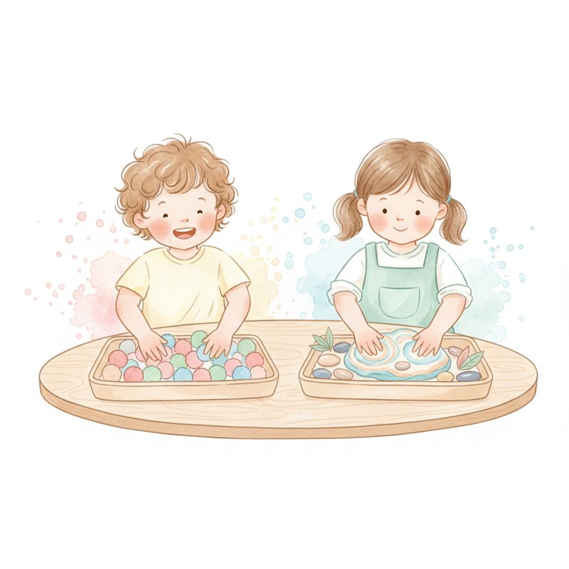 Watercolor of children exploring colorful sensory play materials