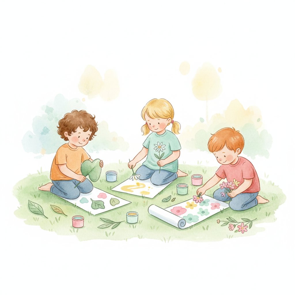 Watercolor illustration of children making outdoor nature art with leaves and flowers on the grass