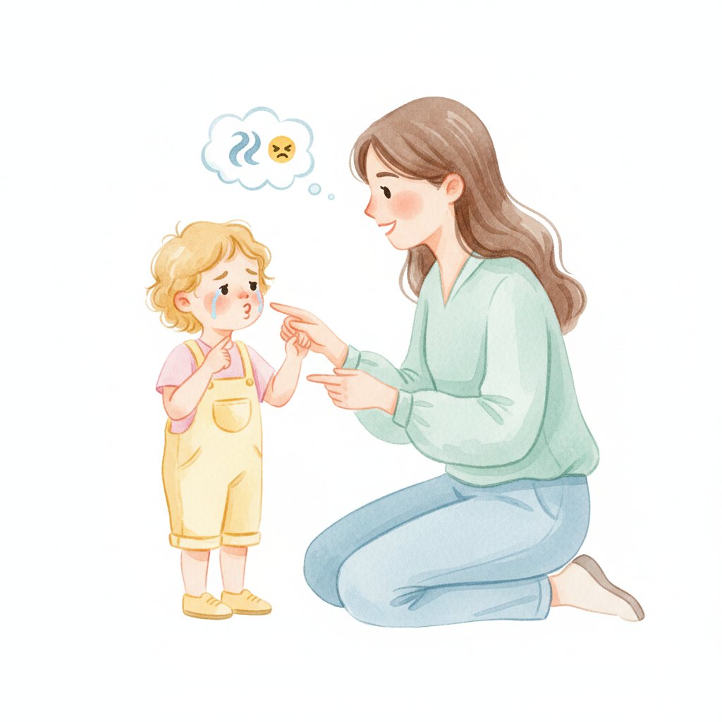 A gentle teacher kneeling to talk with a small child who is naming a feeling, soft watercolor