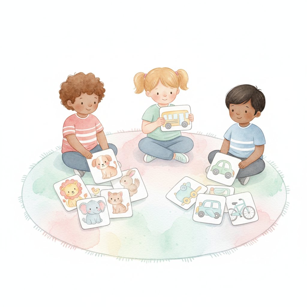 Children sorting picture cards into animal and vehicle categories