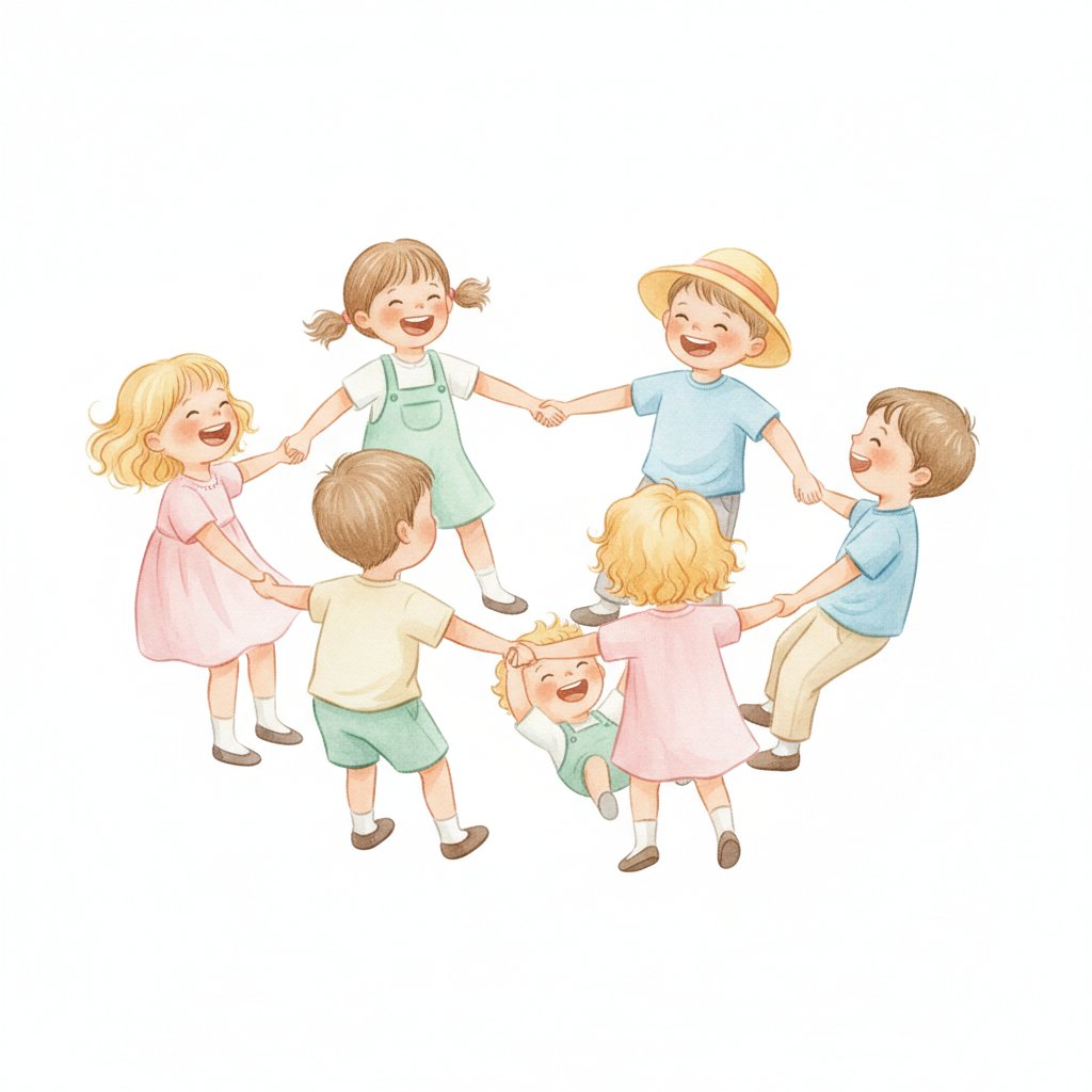 Watercolor of cheerful preschoolers in a circle playing Ring Around the Rosie