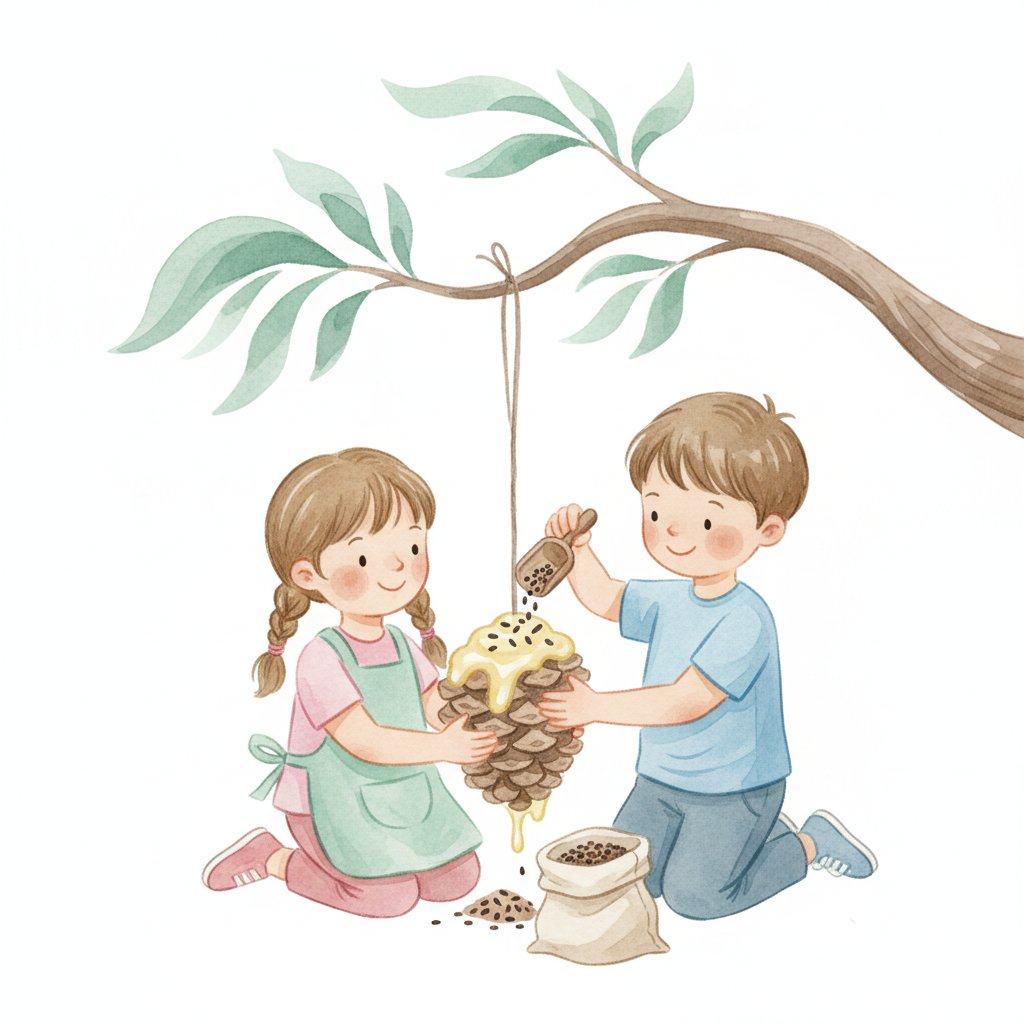 Children filling a pinecone bird feeder with seeds and hanging it on a branch