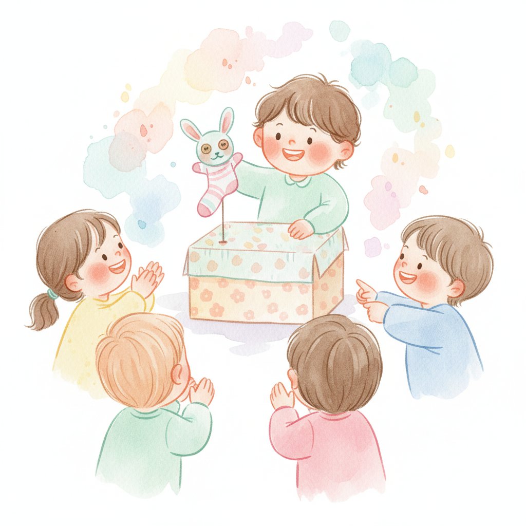 Watercolor illustration of a child holding up a handmade puppet performing on a little stage while friends clap