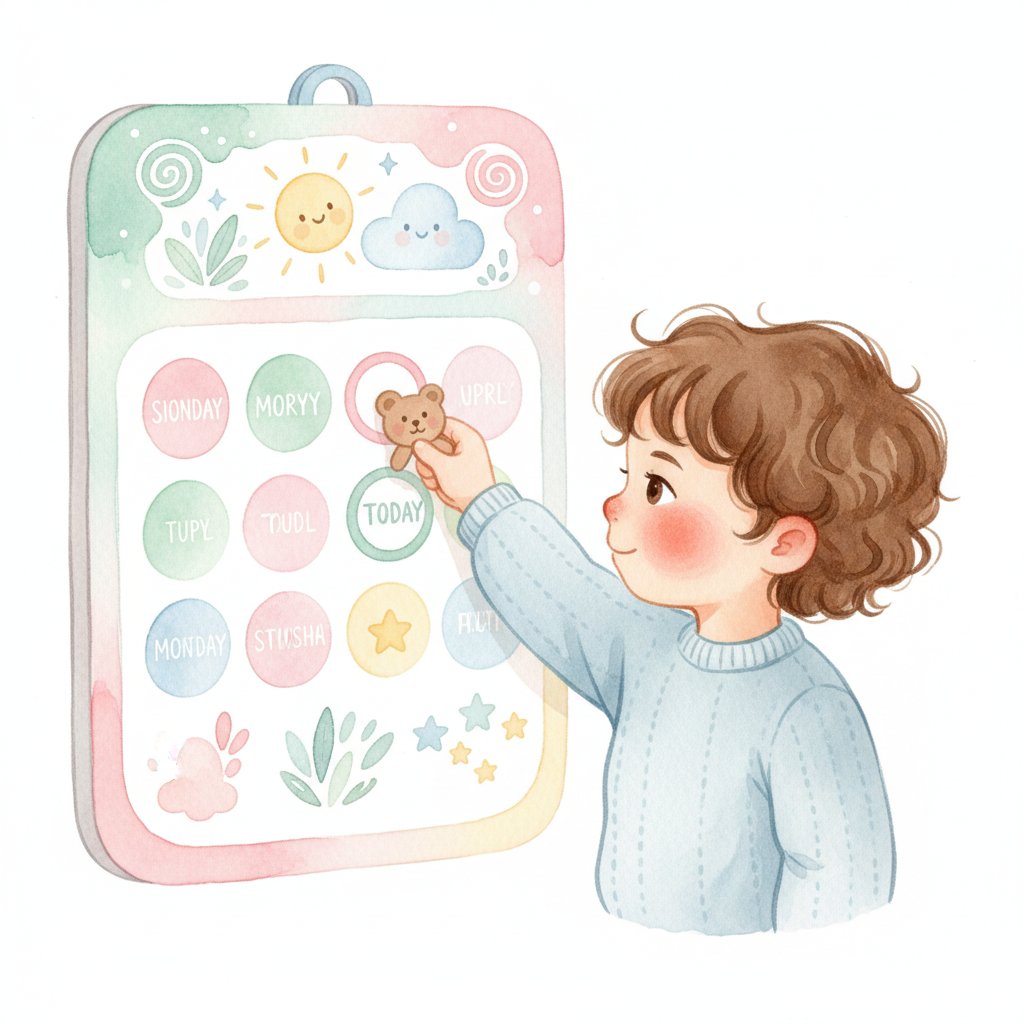 Child moving a marker onto today on a morning calendar chart