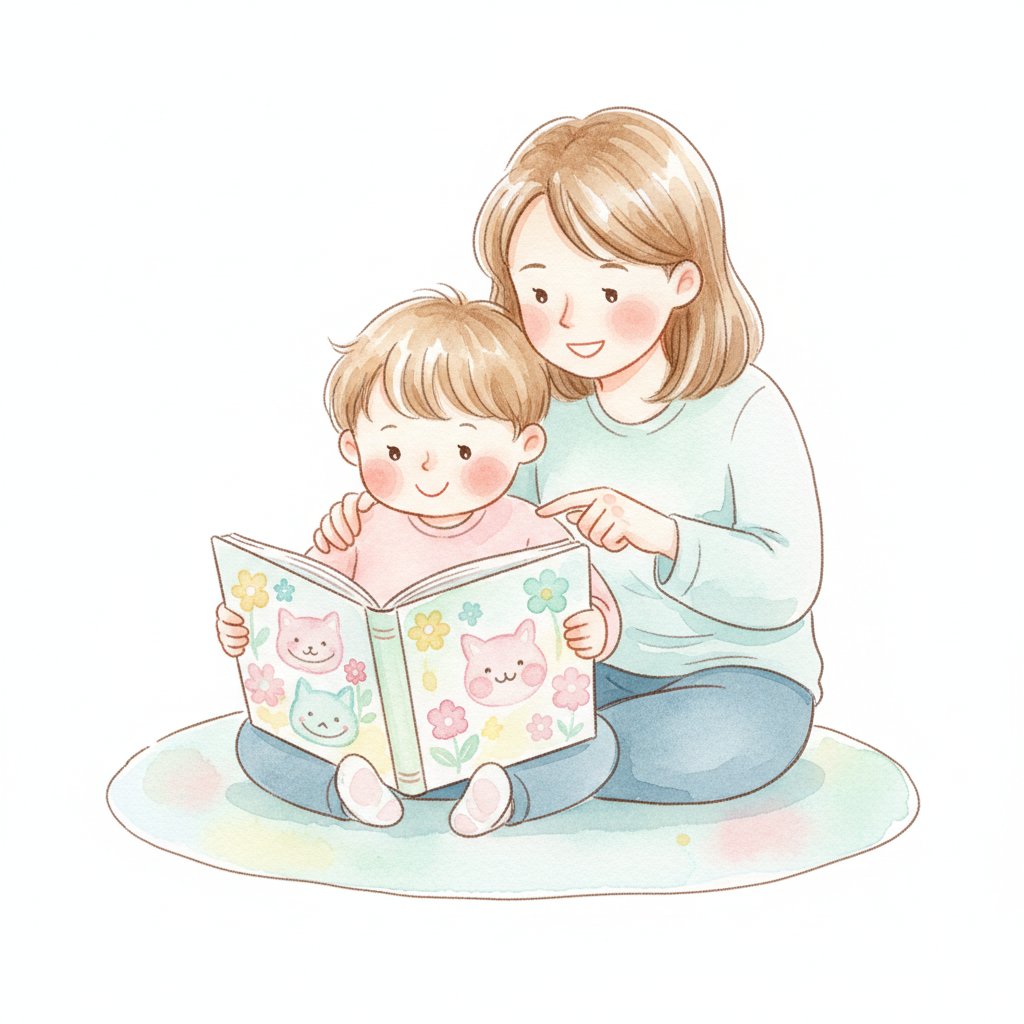 A young child beginning to read a picture book with a parent