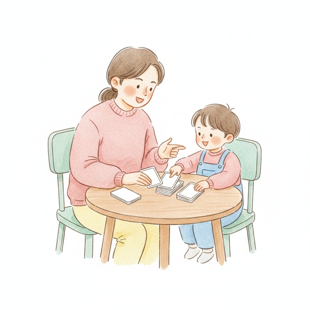 Watercolor illustration of a parent and young child reviewing picture cards together at a table