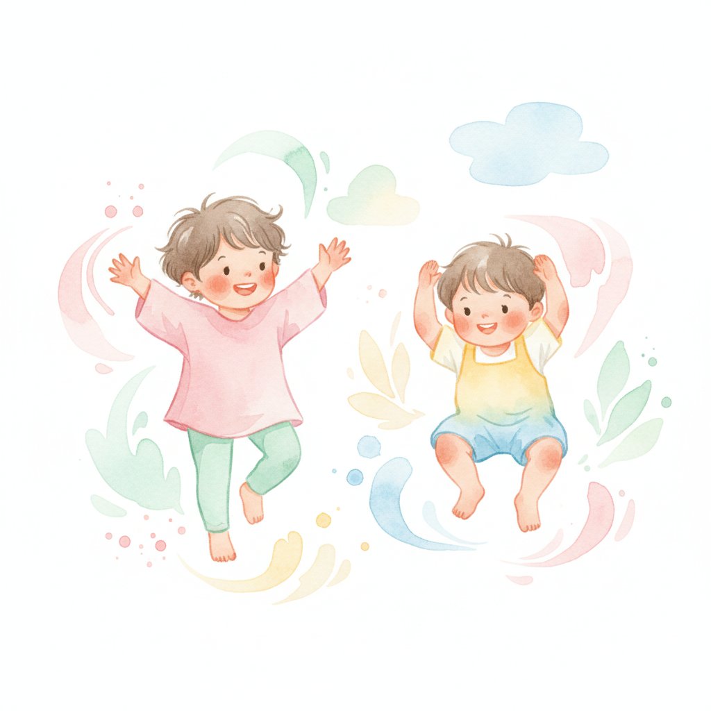 Watercolor illustration of children acting out animal movements like flying and hopping