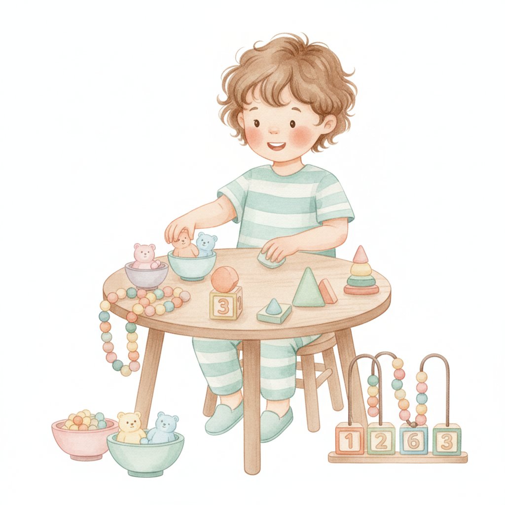 Child exploring counting materials at a learning center table