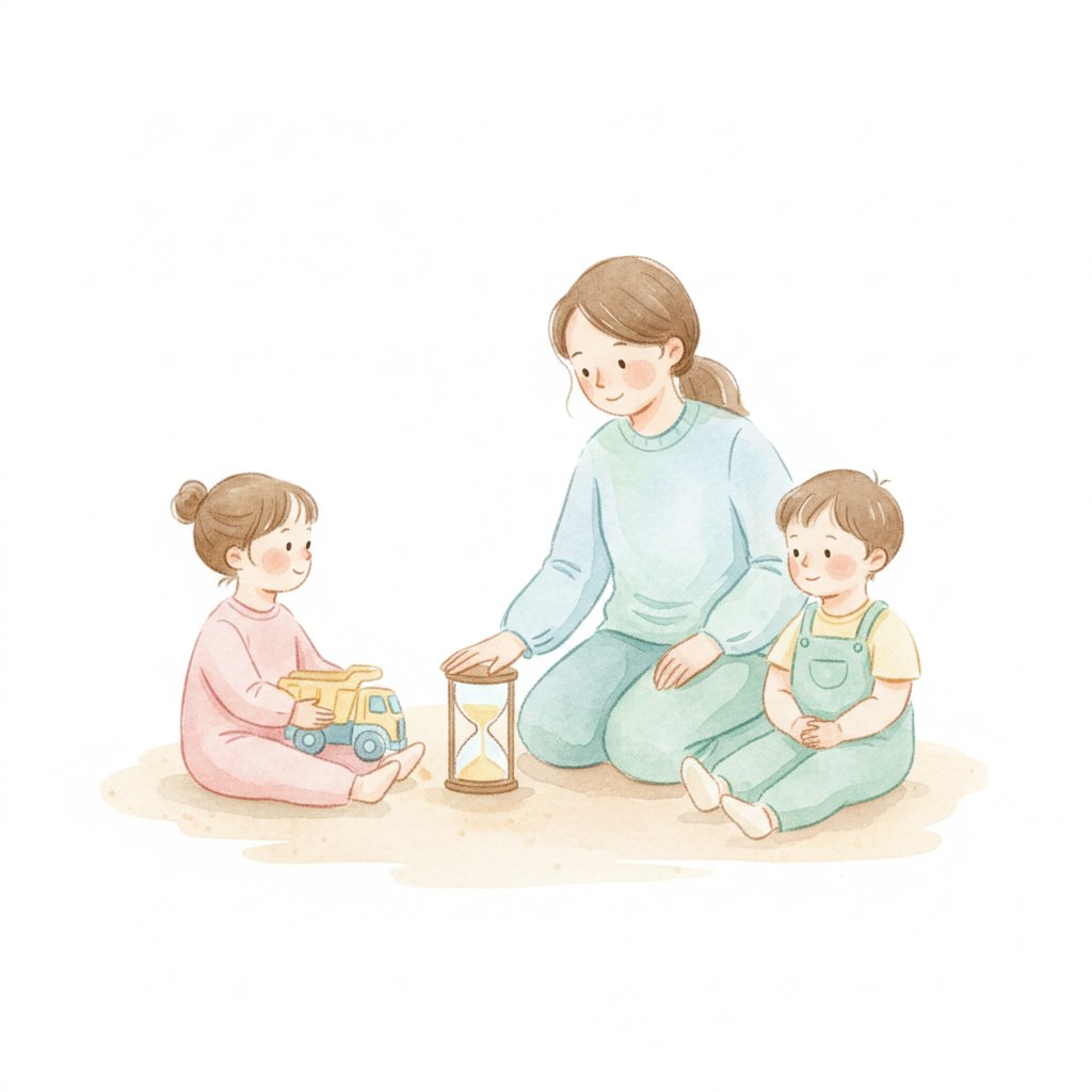 Watercolor illustration of a parent helping two children take turns with a toy truck using a sand timer