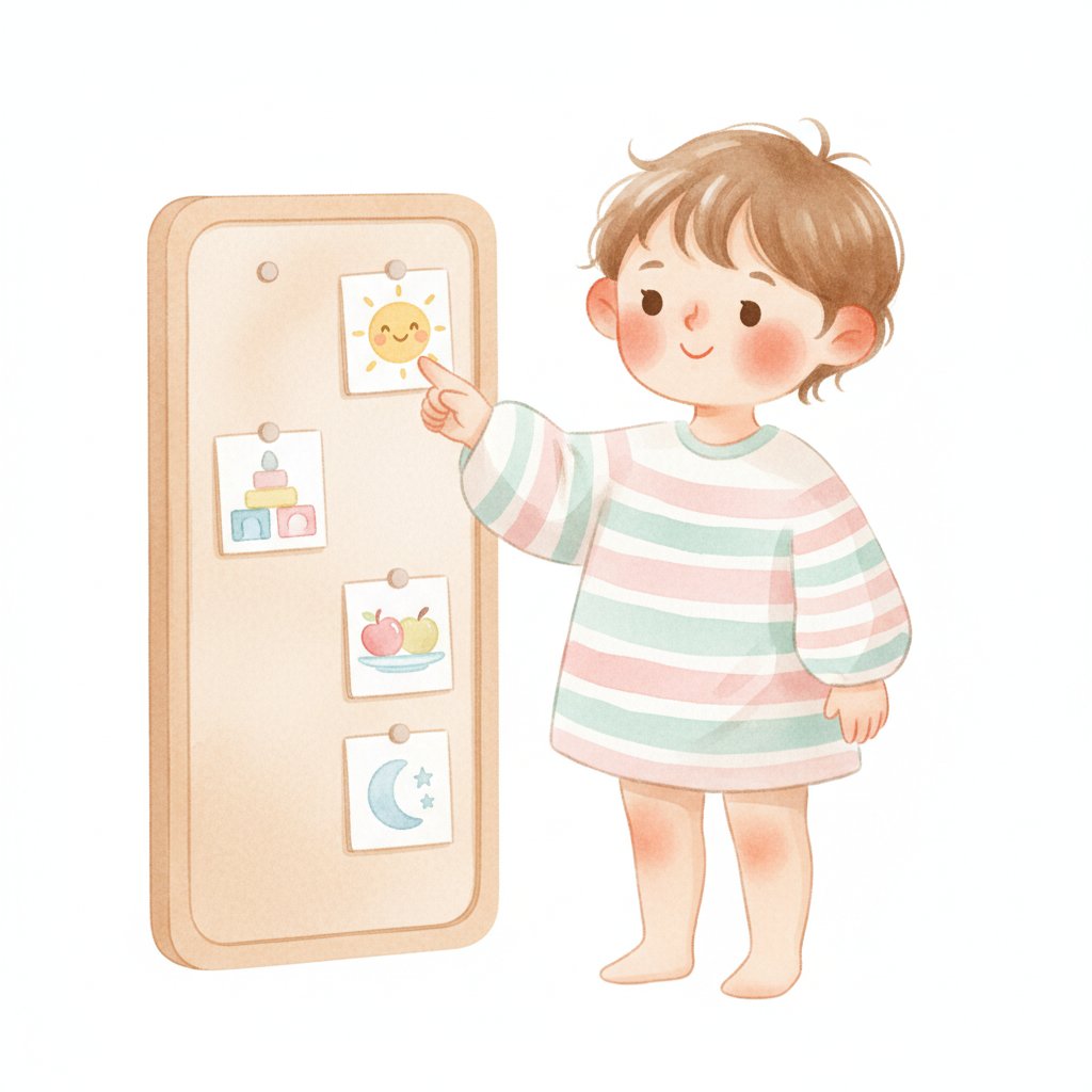 Child confidently pointing to a picture on a visual schedule board